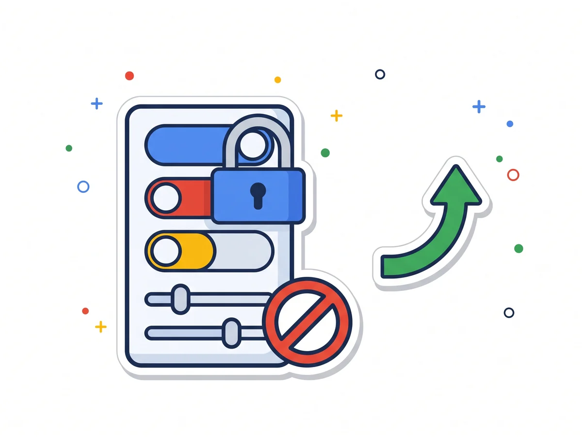 Ilustracija panela sa prekidačima i klizačima, katancem i znakom zabrane, pored zelene strelice rasta, tema Google Ads podešavanja koja se ne diraju