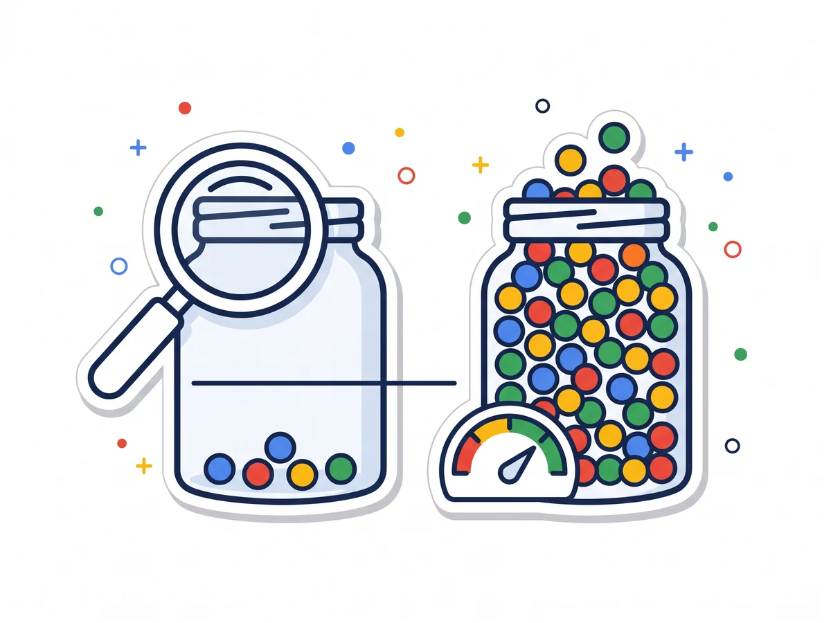 Ilustracija dve tegle, jedne sa nekoliko tačaka pod lupom i druge pune tačaka pored brzinomera, tema praga od 50 konverzija mesečno u Google Ads nalogu
