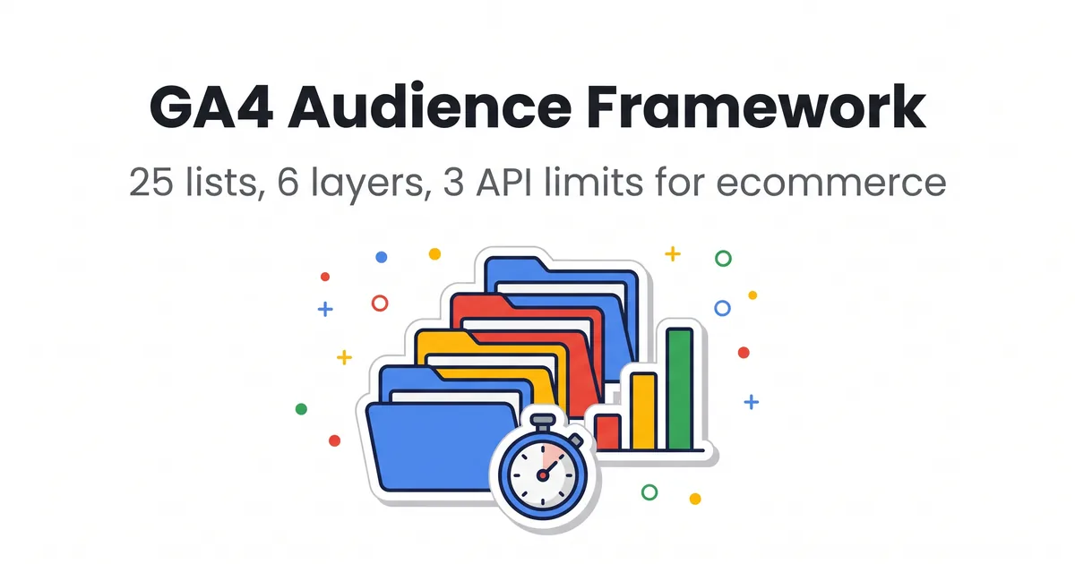 Ilustracija fascikli poređanih u slojevima kao piramida sa grafikonom i štopericom, tema GA4 framework-a publika za eCommerce