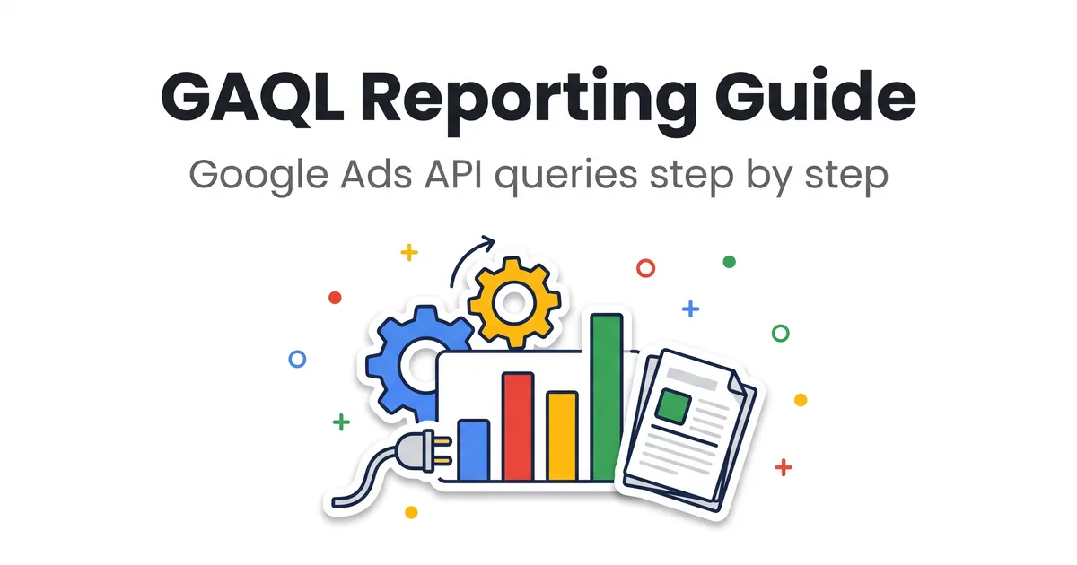 Ilustracija zupčanika i kabla koji napaja grafikon podacima, tema GAQL upita za Google Ads API izveštavanje