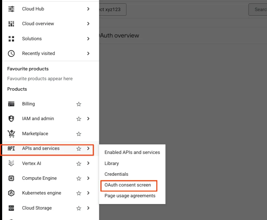 Google Cloud Console meni: APIs and services, opcija OAuth consent screen