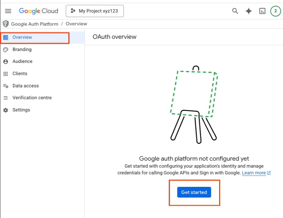 Google Auth Platform Overview ekran sa porukom da platforma nije konfigurisana i dugmetom Get started