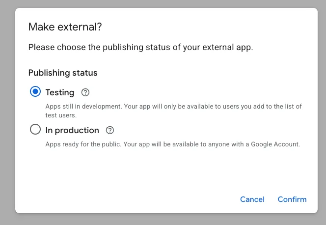 Make external dijalog sa izborom publishing statusa Testing ili In production