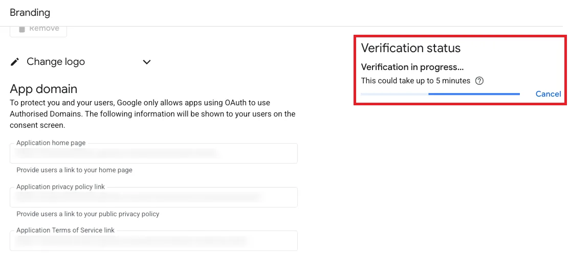 Verification in progress status sa napomenom da proces može trajati do 5 minuta