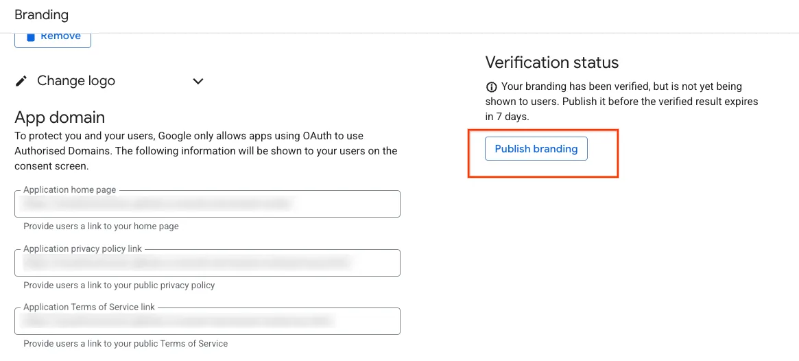 Verification status sa porukom da je branding verifikovan i dugmetom Publish branding, uz napomenu o isteku za 7 dana