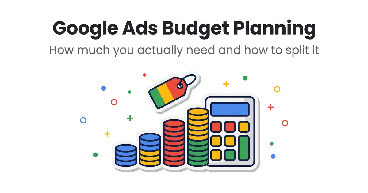 Ilustracija novčića poređanih kao stubići grafikona i kalkulatora, tema planiranja budžeta za Google Ads