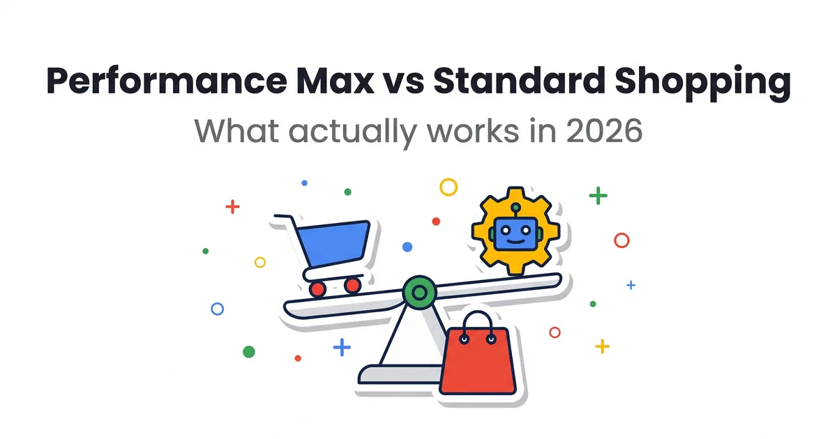 Illustration of a balance scale with a shopping cart on one side and a robot gear on the other, Performance Max vs Standard Shopping comparison topic