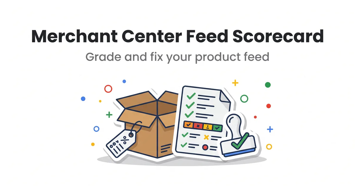 Ilustracija kartonske kutije sa izveštajem ocene i pečatom kvačice, tema scorecarda za Merchant Center product feed